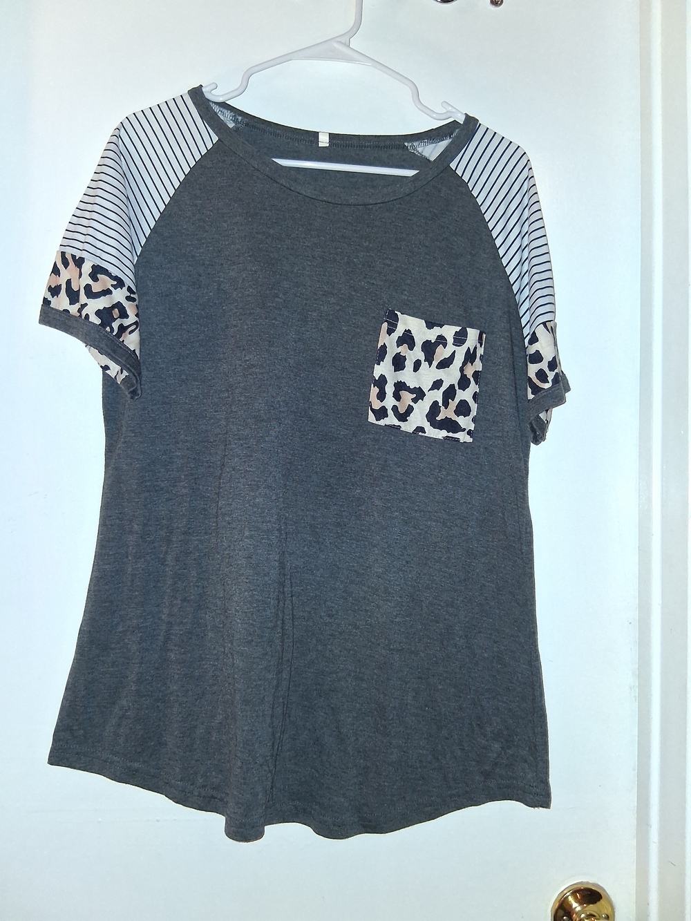 Gray Short Sleeve Pocket Tee with Leopard Accent